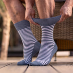 Load image into Gallery viewer, 3 Pairs Mens Holiday Cotton Socks - Navy Stripe Mix