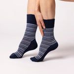 Load image into Gallery viewer, 3 Pairs Ladies City Varied Stripe Cotton Socks - Navy