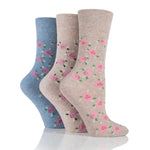 Load image into Gallery viewer, 3 Pairs Ladies Cotton Socks - Blue/Neutral Floral