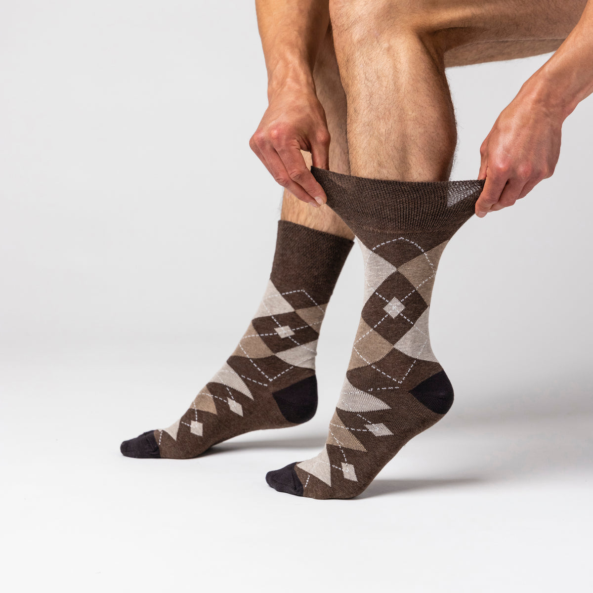 3 Pairs Men's Argyle Cotton Socks - Leven Brown/Natural