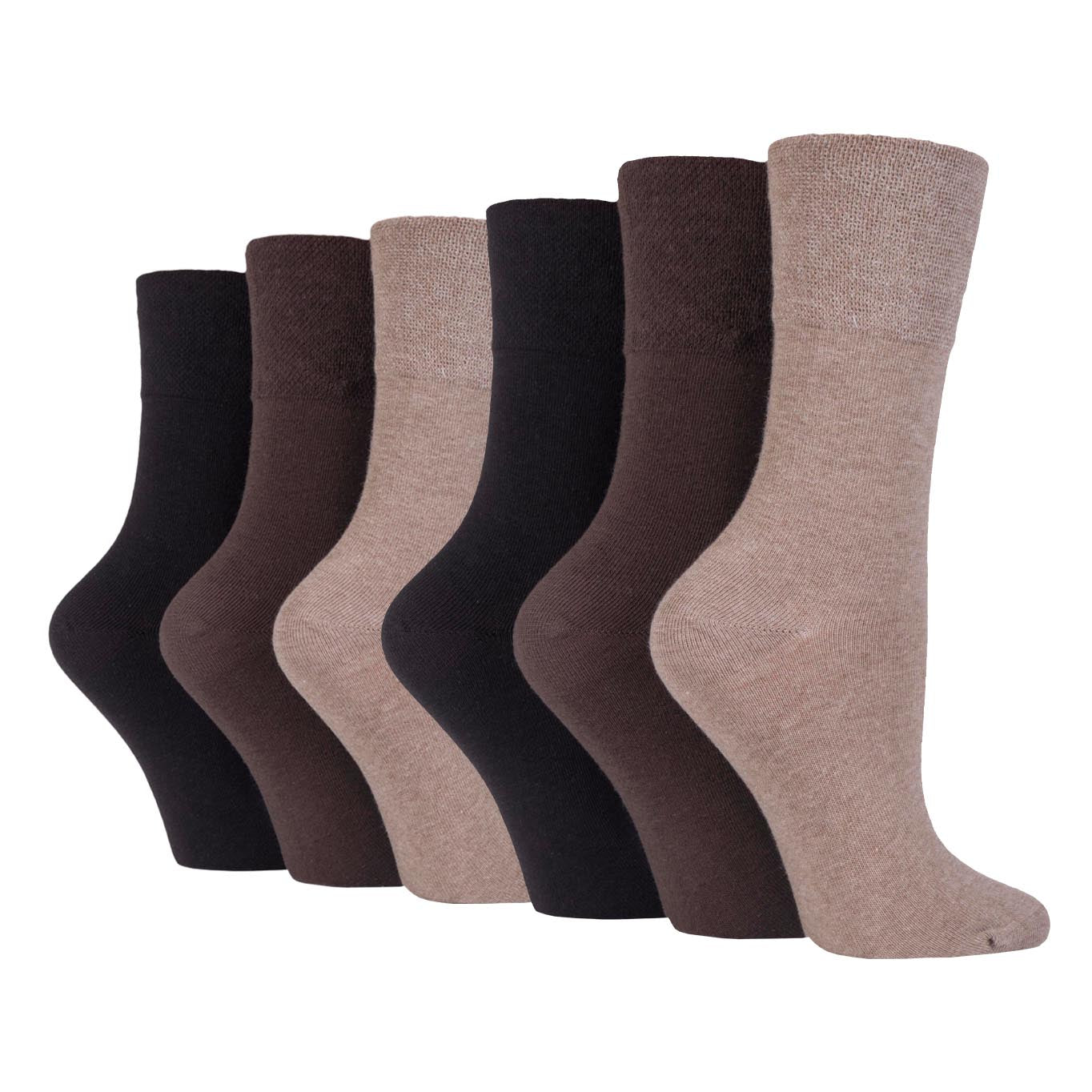 6 Pairs Ladies Bamboo Diabetic Socks - Brown Mix