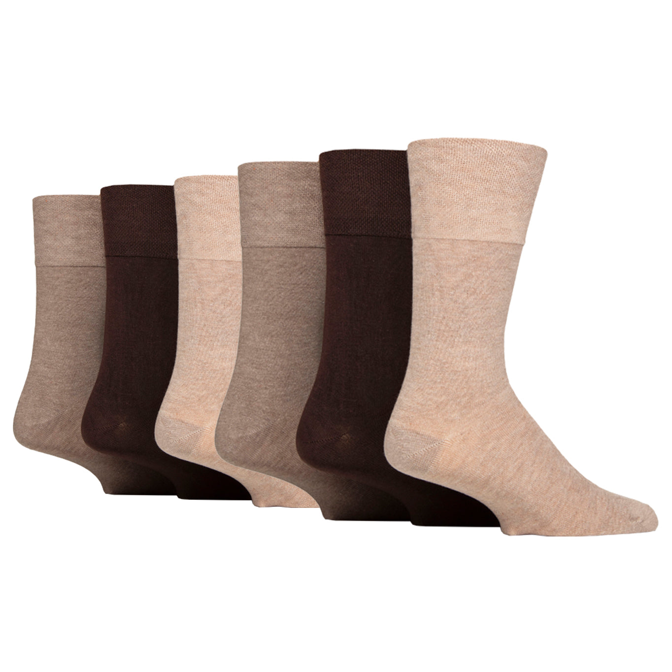 6 Pairs Men's Bamboo Diabetic Socks - Brown Mix