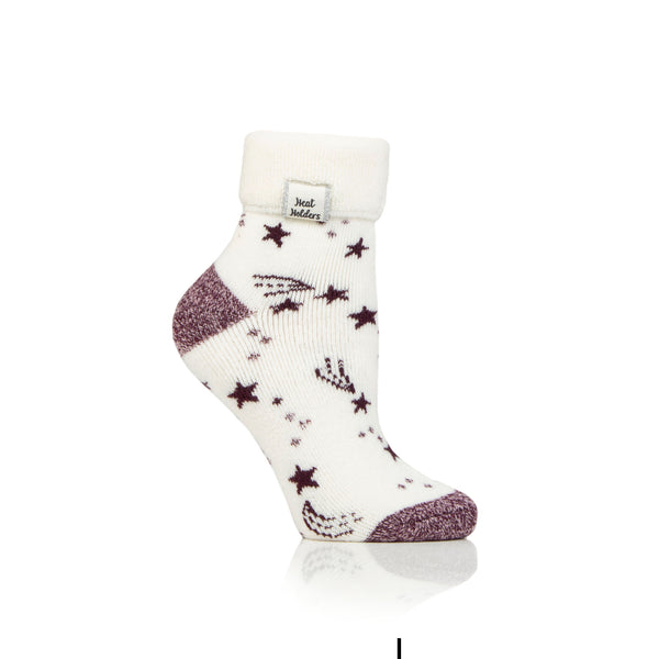 Ladies Lite Sleep Socks with Turnover Top - Ivory & Cabernet Stars