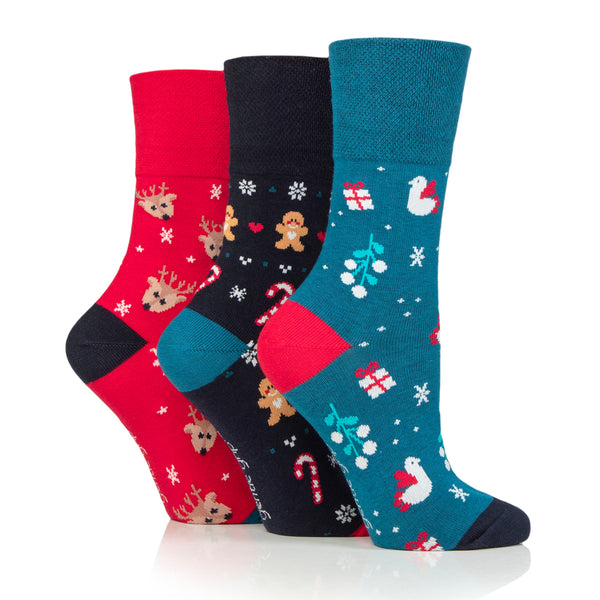 3 Pairs Ladies Fun Feet Christmas Socks - Reindeer Mix