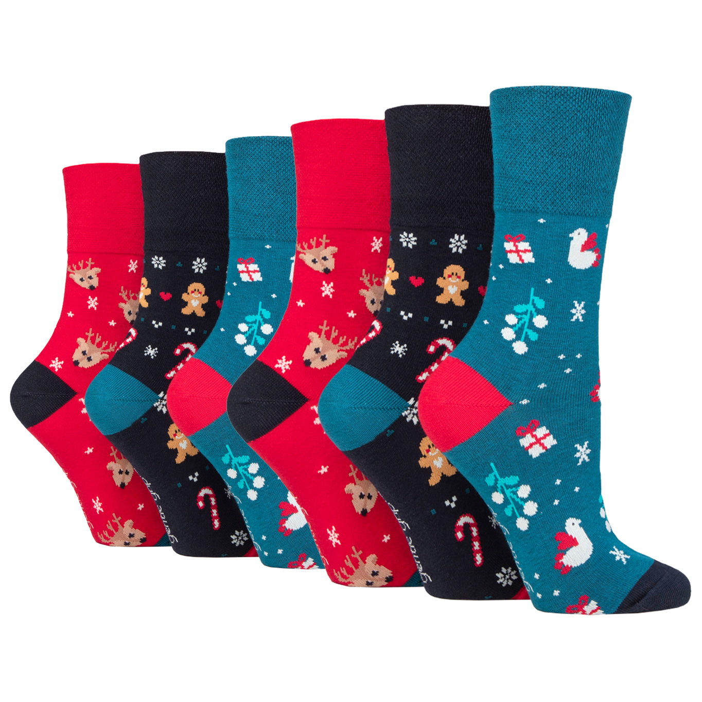 6 Pairs Ladies Fun Feet Christmas Socks - Reindeer Mix