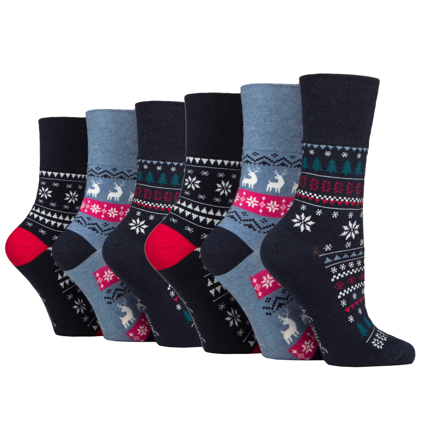 6 Pairs Ladies Fun Feet Christmas Socks - Fairisle