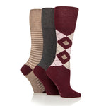 Load image into Gallery viewer, 3 Pairs Ladies Knee High Cotton Socks - Wine Stripe/Argyle
