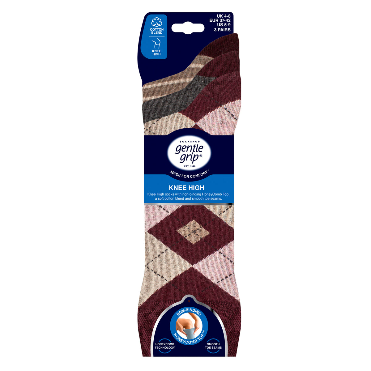 3 Pairs Ladies Knee High Cotton Socks - Wine Stripe/Argyle