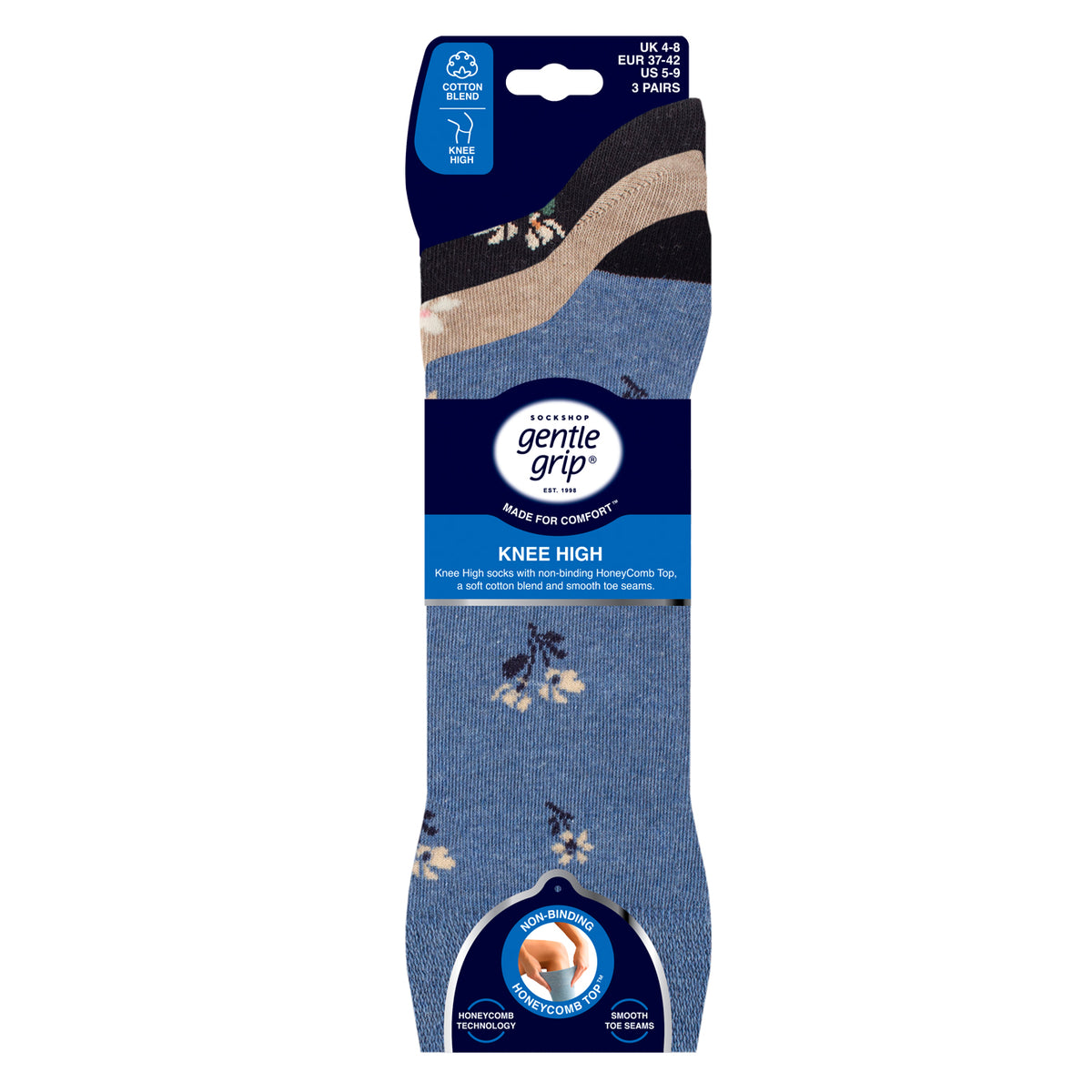 3 Pairs Ladies Knee High Cotton Socks - Denim Floral