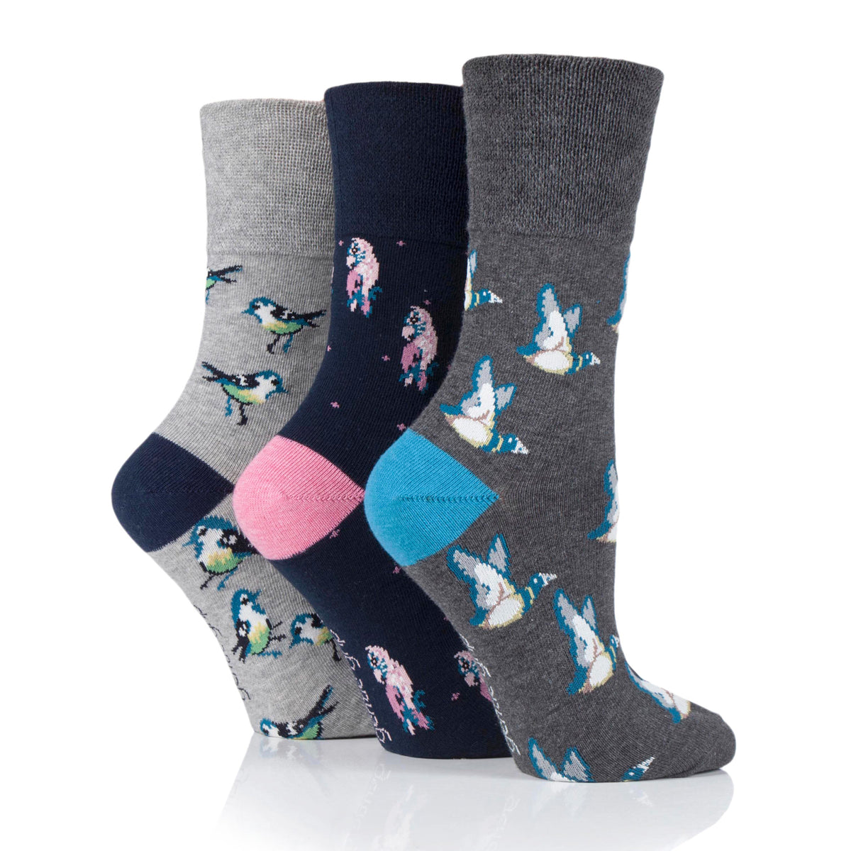 3 Pairs Ladies Fun Feet Cotton Socks - Love Birds Grey/Blue