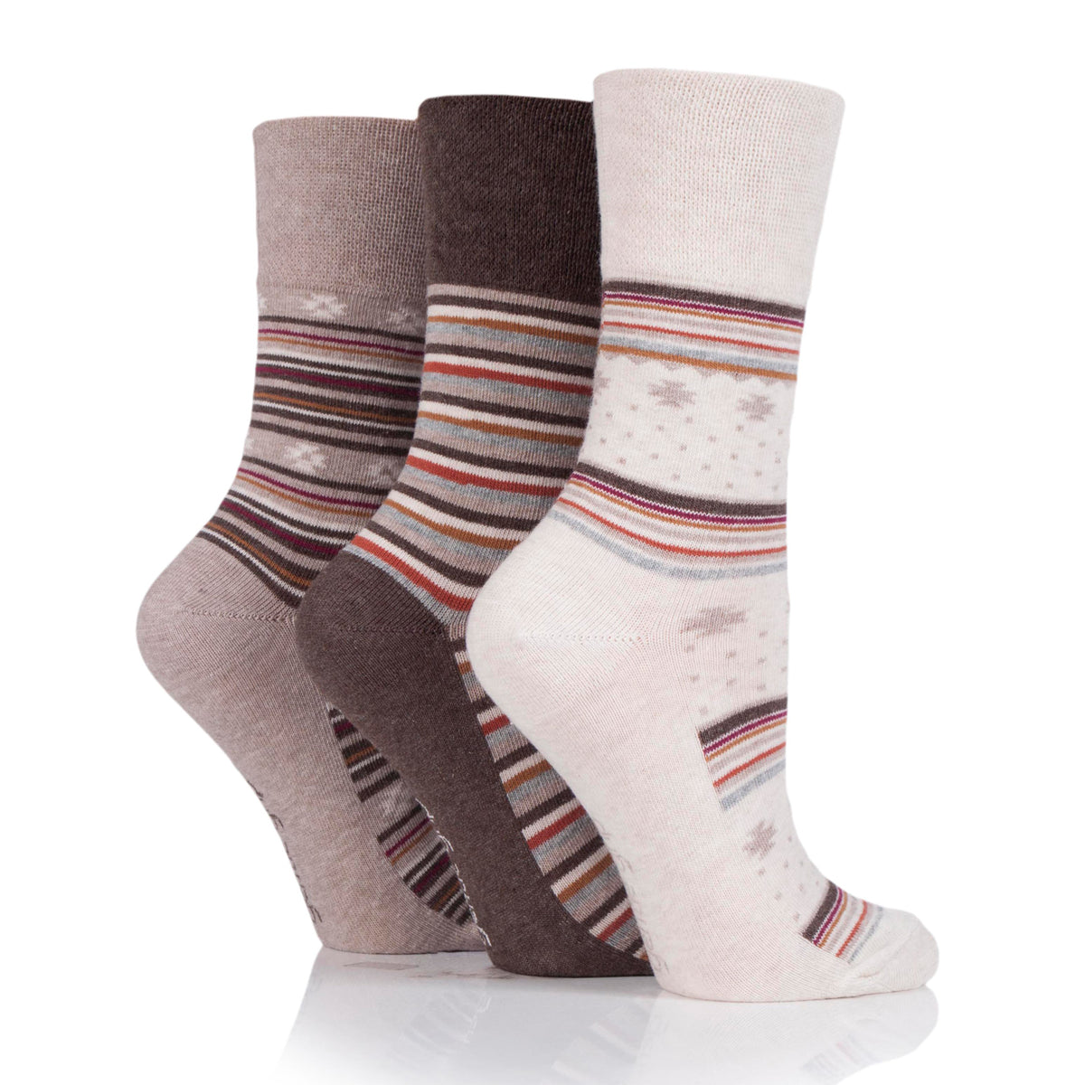 3 Pairs Ladies Cotton Socks - Folk Brown