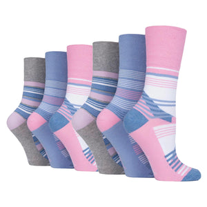 6 Pairs Ladies Cotton Socks - Pink Stripes