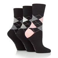 3 Pairs Ladies Highlands Argyle Cotton Socks - Black