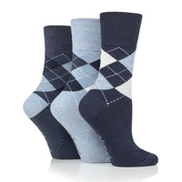3 Pairs Ladies Highlands Argyle Cotton Socks - Navy/Denim