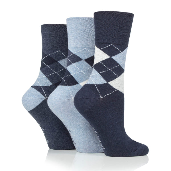 3 Pairs Ladies Highlands Argyle Cotton Socks - Navy/Denim