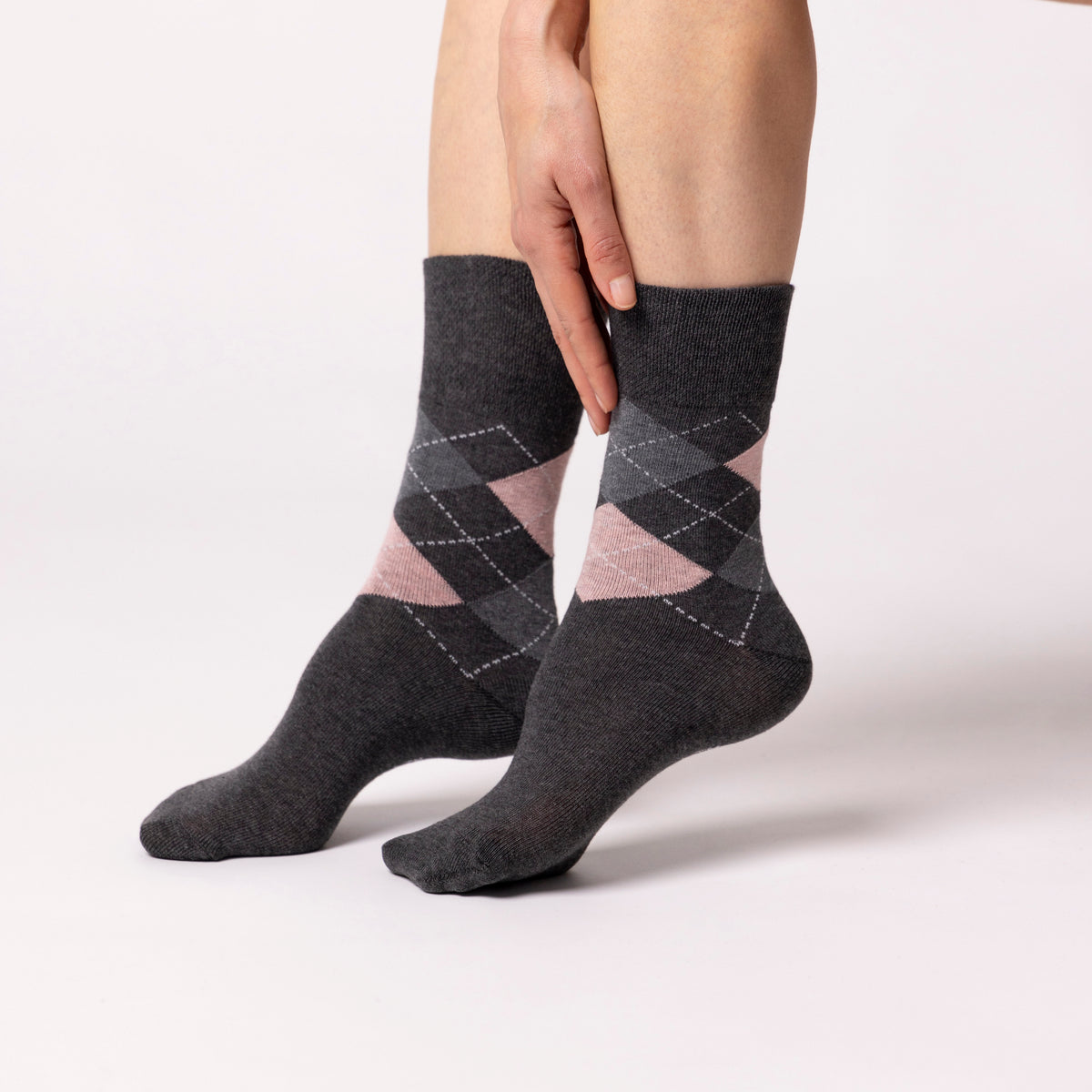 3 Pairs Ladies Highlands Argyle Cotton Socks - Grey
