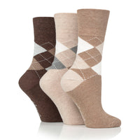 3 Pairs Ladies Highlands Argyle Cotton Socks - Brown