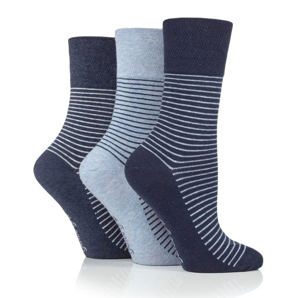 3 Pairs Ladies Varsity Stripe Cotton Socks - Denim