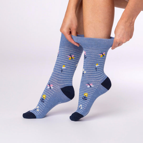 3 Pairs Ladies Cotton Socks - Daisies And Butterflies