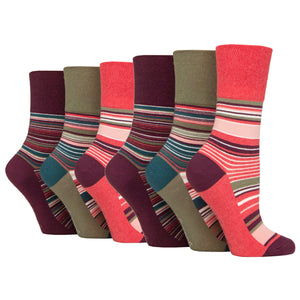 6 Pairs Ladies Wilderness Stripe Cotton Socks - Purple/Coral Mix