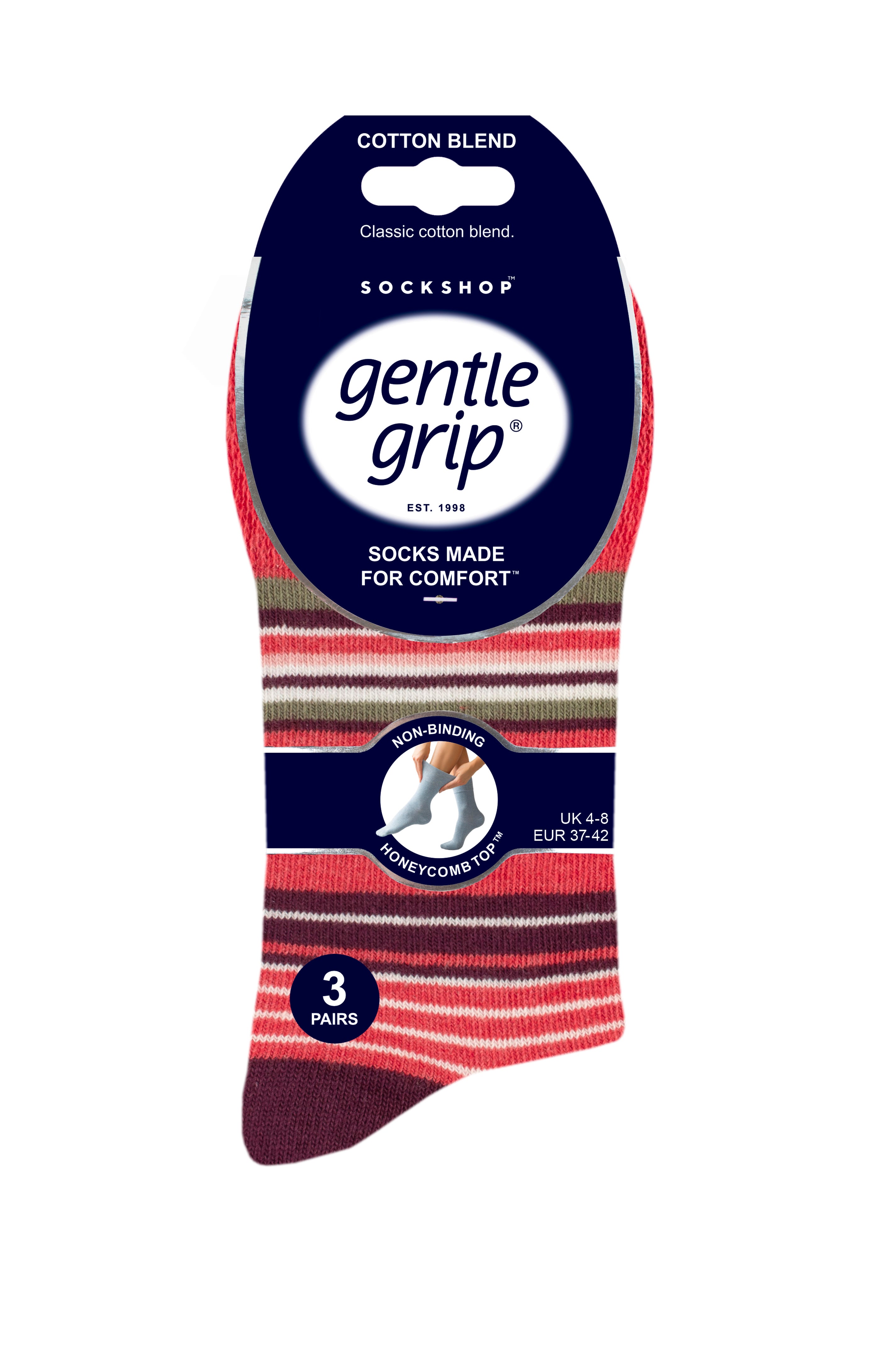 6 Pairs Ladies Wilderness Stripe Cotton Socks - Purple/Coral Mix