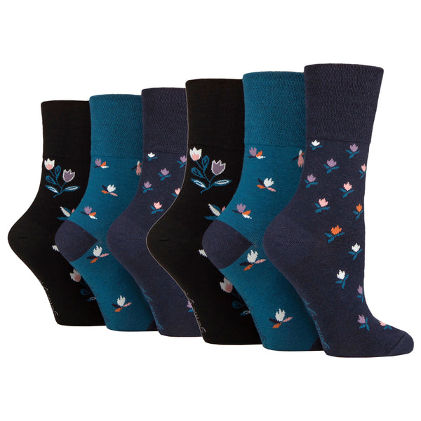 6 Pairs Ladies Graceful Garden Cotton Socks -  Black/Navy Mix