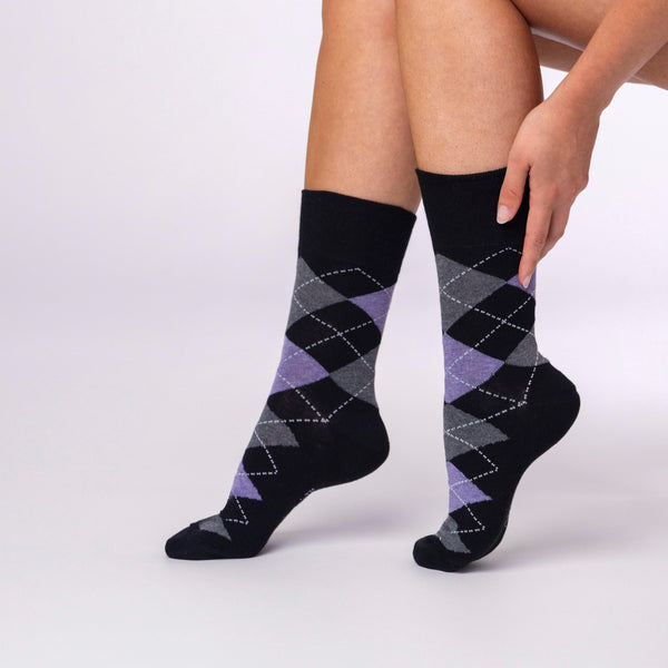 3 Pairs Ladies Cotton Socks Argyle - Black
