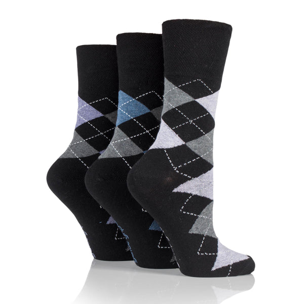 3 Pairs Ladies Cotton Socks Argyle - Black