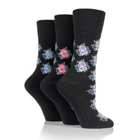 3 Pairs Ladies Cotton Socks - Black Rose