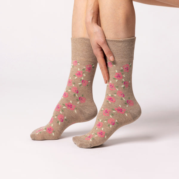 3 Pairs Ladies Cotton Socks - Blue/Neutral Floral