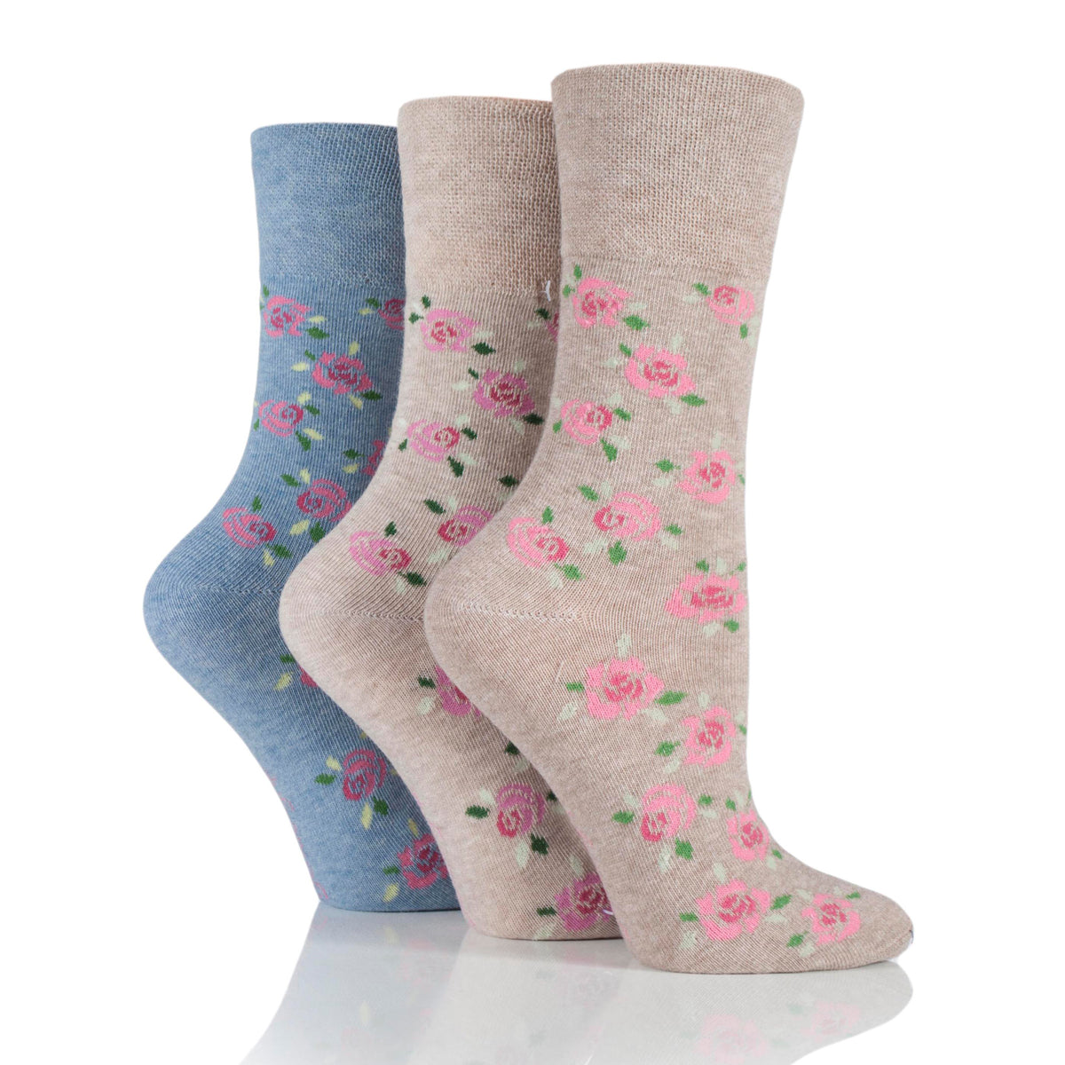 3 Pairs Ladies Cotton Socks - Blue/Neutral Floral
