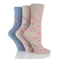 3 Pairs Ladies Cotton Socks - Blue/Neutral Floral