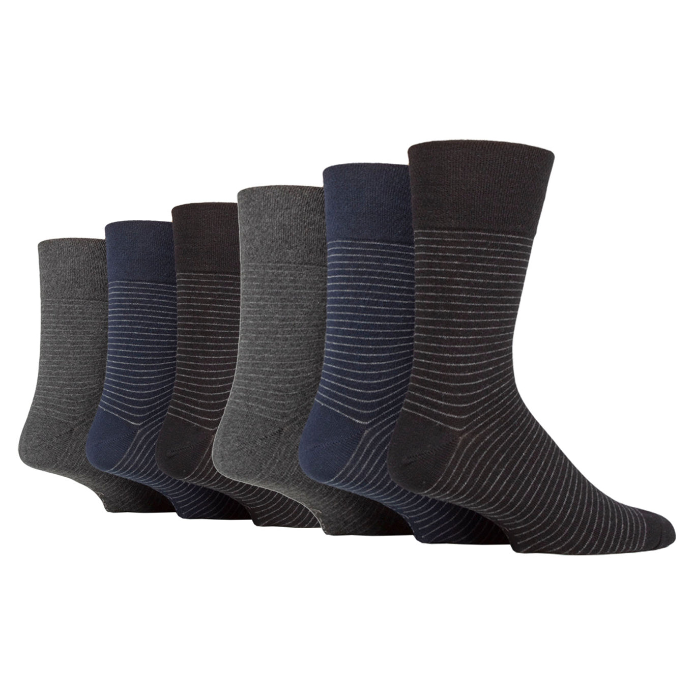 6 Pairs Men's Nova Fine Stripe Cotton Socks - Black/Navy/Charcoal