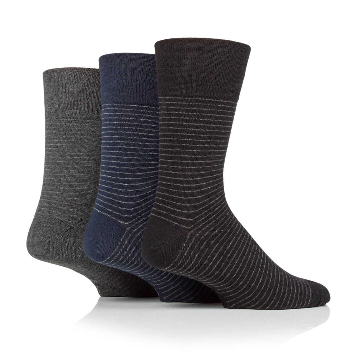 3 Pairs Men's Nova Fine Stripe Cotton Socks - Black/Navy/Charcoal