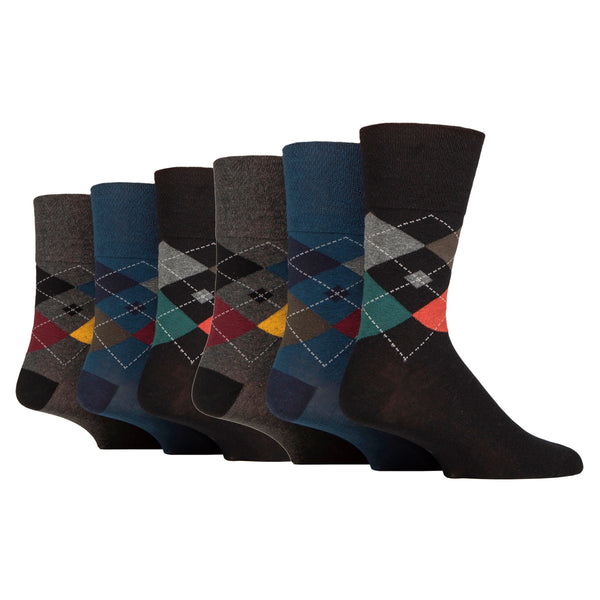 6 Pairs Men's Rustic Argyle Cotton Socks - Black/Charcoal/Teal Mix