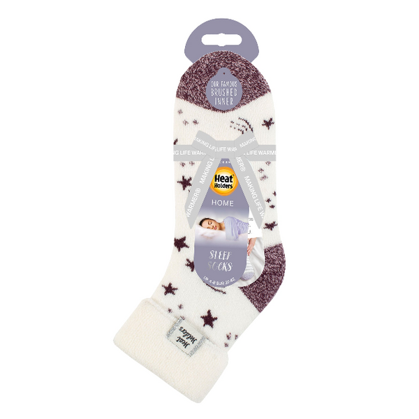 Ladies Lite Sleep Socks with Turnover Top - Ivory & Cabernet Stars