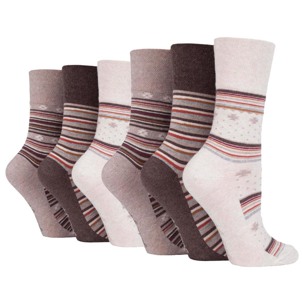 6 Pairs Ladies Cotton Socks - Folk Brown