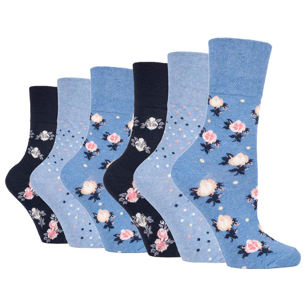 6 Pairs Ladies Cotton Socks - Micro Blossom Blue