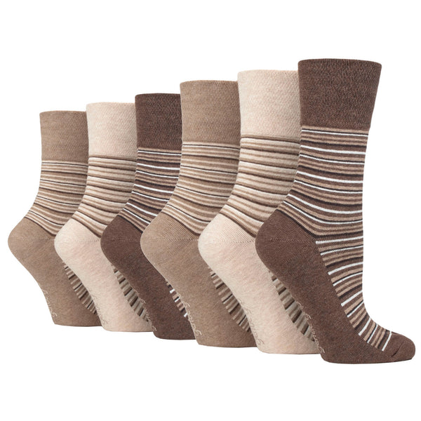 6 Pairs Ladies City Varied Stripe Cotton Socks - Brown