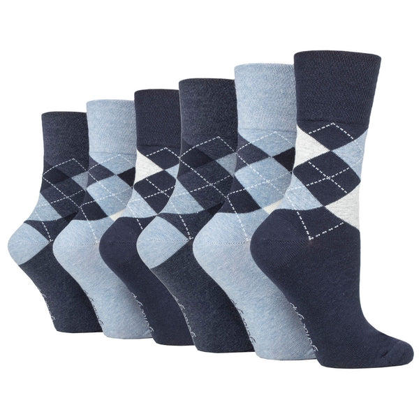 6 Pairs Ladies Highlands Argyle Cotton Socks - Navy/Denim