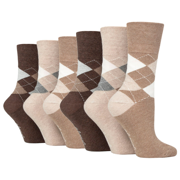 6 Pairs Ladies Highlands Argyle Cotton Socks - Brown