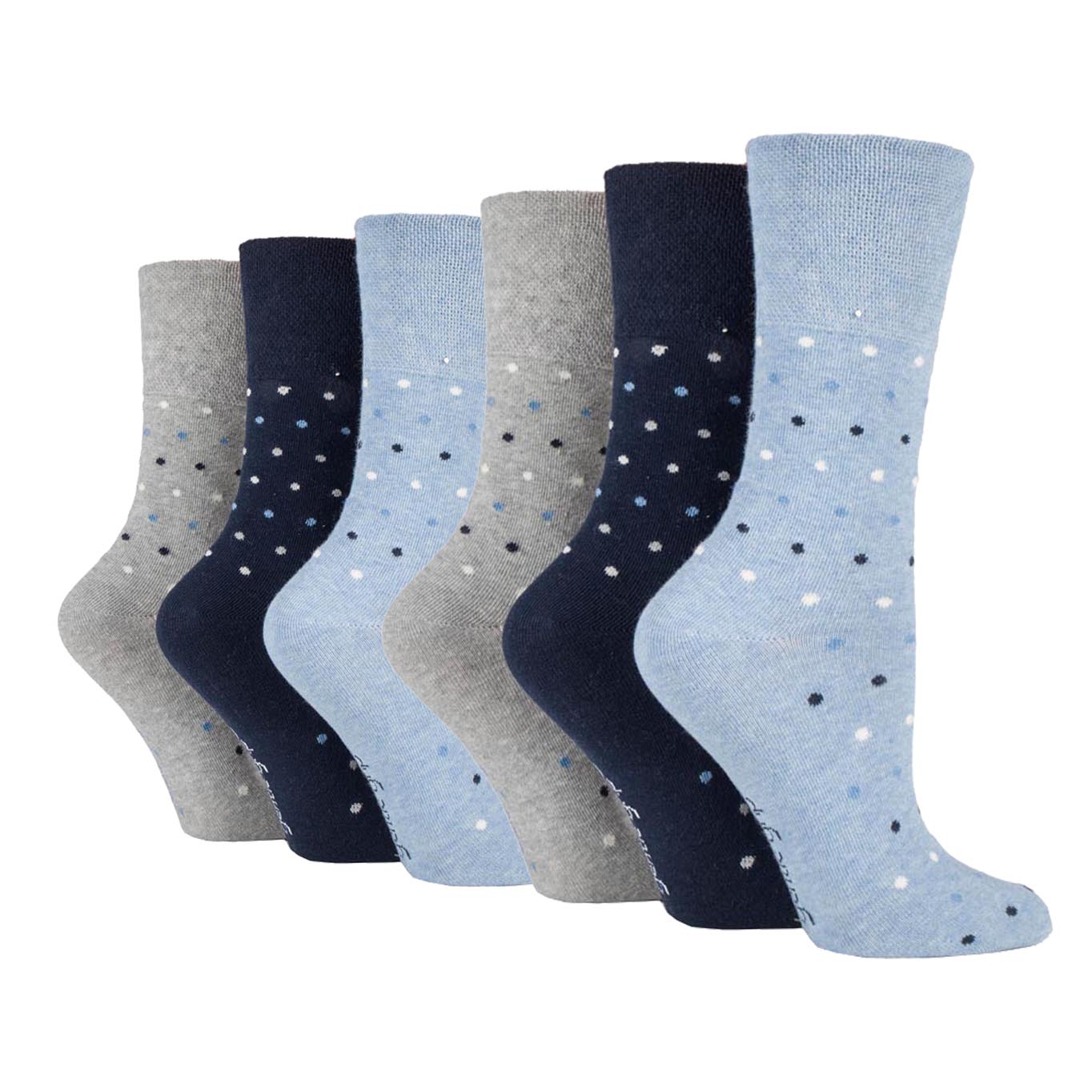 6 Pairs Ladies Cotton Socks - Denim Polka Dots