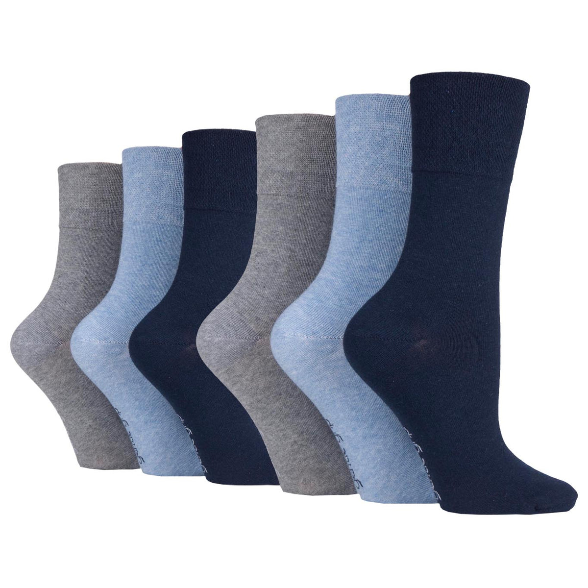 6 Pairs Ladies Plain Cotton Socks - Navy/Denim/Light Grey